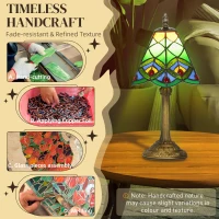 HOMCOM Tiffany-Style Table Lamp with Geometric Patterns, Handcrafted Antique Stained Glass Bedside Lamp for Living Room and Bedroom, E27 Socket, Green(m-5)