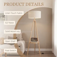 HOMCOM Bedside Light, Tripod Floor Lamp with Storage Shelf and Linen Shade for Living Room, 160cm, Natural Wood Colour(m-4)