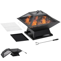 Outsunny Feuerschale 45 x 45 x 34cm aus Edelstahl Feuerstelle mit Funkenschutz Schürhaken Feuerschalen Feuerkorb für Garten, Balkon, BBQ Camping Schwarz(m-12)