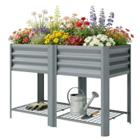 Outsunny Raised Garden Bed with Storage Shelf Steel Elevated Planter Box with Legs for Outdoor Vegetables Flowers(m-11)