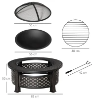 Outsunny vuurschaal met pook vonkenbescherming vuurkorf vuurtafel ronde vuurkorf voor in de tuin camping BBQ staal zwart 81 x 81 x 50 cm(m-3)