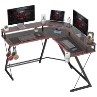 HOMCOM L-vormig computertafel met stopcontacten, 128 cm hoekbureau met monitorstandaard, hoofdtelefoonhaak & bekerhouder(m-15)