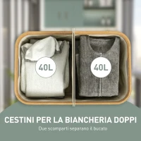 HOMCOM Cesto Portabiancheria da 80L a 2 Sezioni con Coperchio, in Tessuto non Tessuto e Bambù, 54x34x58.5 cm, Beige(m-4)