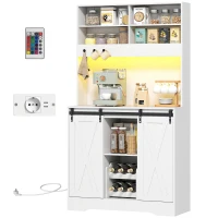 HOMCOM Credenza Cucina con Prese Elettriche, Luce LED, Portabottiglie e Ante Scorrevoli, 100x38x180 cm, Bianco(m-11)