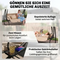 Outsunny Schommelbank, 3-zits Hollywoodschommel, Tuinschommel met Drankhouders, Staal, 200 x 120 x 164 cm, Bruin(m-7)