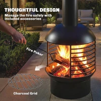 Outsunny Chimney Fire Pit, Portable Wood Burning Firepit with Poker, Charcoal Grid, Outdoor Fireplace for Garden Patio, Black(m-6)