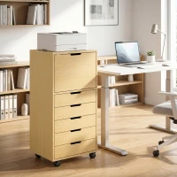 HOMCOM Gaveteira de Escritório com 5 Gavetas Armário com Fecho Suave Rodas e Suporte para Impressora Madeira Natural(m-10)