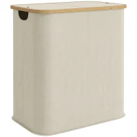 HOMCOM Cesto Portabiancheria da 80L a 2 Sezioni con Coperchio, in Tessuto non Tessuto e Bambù, 54x34x58.5 cm, Beige(m-1)