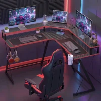HOMCOM L-vormig computertafel met stopcontacten, 128 cm hoekbureau met monitorstandaard, hoofdtelefoonhaak & bekerhouder(m-8)