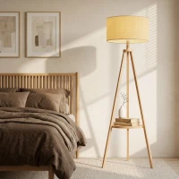 HOMCOM Bedside Light, Tripod Floor Lamp with Storage Shelf and Linen Shade for Living Room, 160cm, Natural Wood Colour(m-7)