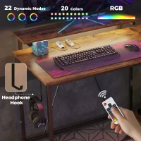 HOMCOM Reversible 'L' LED Light Gaming/Work Desk - Rustic Brown(m-4)