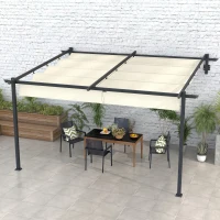 Outsunny Pérgola 4x3 m Cenador de Jardín con Techo Retráctil de Poliéster y Marco de Acero Crema y Gris Oscuro(m-10)