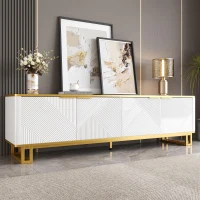 Modern TV Cabinet with 4 Geometric Embossed Doors and Open Top Shelf, Spacious TV Stand with Hidden Storage, 160L x 37.5W x 48H cm, White(m-1)