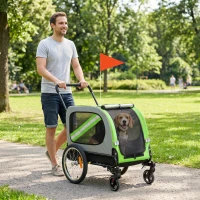 PawHut Rimorchio per bici per cani 2 in 1, pieghevole con cintura e riflettori, verde(m-6)