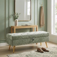 HOMCOM Storage Ottoman, Chenille Upholstered Ottoman Storage Box with Padded Seat, Metal Legs, 114 x 41 x 45 cm, Light Green(m-9)