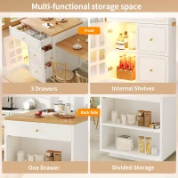 Extendable Kitchen Island with LED Colour Lighting, Space-Saving Dining Bar with 4 Drawers and Open Shelf, 195.5L x 70W x 93.5H cm, White(m-4)