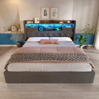 Upholstered Hydraulic Bed with LED Ambient Lighting, Linen Grey Bed Frame with Storage Headboard, 208L x 147W x 116H cm, Grey(m-10)
