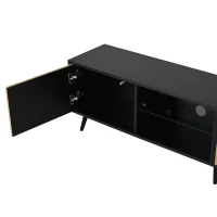 Mid-Century TV Cabinet with Smart App LED Lighting, Modern TV Stand with Built-In Cable Management, 175L x 31W x 43.5H cm, Black+Wood(m-8)