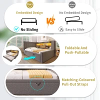 Upholstered Daybed with Pull-Out Trundle and Space-Saving Storage, Versatile Grey Linen Bed Frame with LED Lighting, 204L x 107W x 88H cm, Grey(m-7)