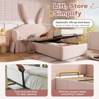 Bunny Ears Children's Upholstered Bed Frame with Hydraulic Storage, Rose Velvet Kids Bed with Thick Padded Headboard, 206L x 149W x 143H cm, Rose(m-7)