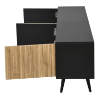 Mid-Century TV Cabinet with Smart App LED Lighting, Modern TV Stand with Built-In Cable Management, 175L x 31W x 43.5H cm, Black+Wood(m-12)