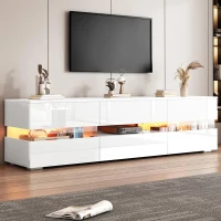 High-Gloss LED TV Cabinet with App-Controlled LED Lighting, Modern TV Stand with 2 Open Shelves, 160L x 38W x 50.5H cm, White(m-1)