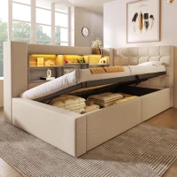 Upholstered Daybed with Hydraulic Under-Bed Storage, Beige Linen Sofa Bed with App-Controlled LED Lighting, 203L x 108W x 86H cm, Beige(m-11)
