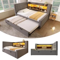 Upholstered Daybed with Pull-Out Trundle and Space-Saving Storage, Versatile Grey Linen Bed Frame with LED Lighting, 204L x 107W x 88H cm, Grey(m-8)