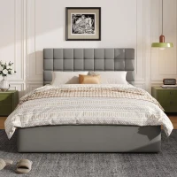 Elegant Upholstered Bed with Hydraulic Lift, Sturdy Storage Bed with 3 Storage Drawers, 202L x 148W x 100H cm, Grey(m-6)