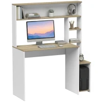 HOMCOM Scrivania per computer con ripiani, supporto monitor e CPU, 114x45x138 cm, bianco e legno(m-7)