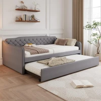Space-Saving Upholstered 4ft6 Double Daybed with Pull-Out Trundle, Versatile Sofa Bed with Thick Foam Padding, 202L x 139.5W x 81.5H cm, Grey(m-7)