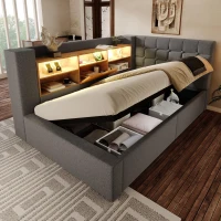 Upholstered Single Bed with Interchangeable L‑shaped Headboard, Stylish Linen Bed Frame with Hydraulic Storage, 203L x 108W x 86H cm, Grey(m-10)