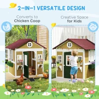 Outsunny Wooden Playhouse with Doors, Windows, Plant Pots, Boxes, for 3-8 Years - Beige(m-6)