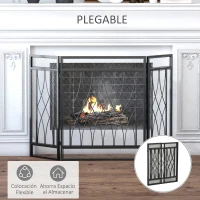 HOMCOM Pantalla Protectora de Chimenea Plegable de 3 Paneles con Bisagras y Estructura de Metal Decorativa 126x3x80 cm Negro(m-5)