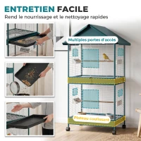 PawHut Cage à oiseaux sur roulettes avec séparateur amovible, 4 mangeoires et 2 perchoirs, 2 plateaux coulissants, 94x70x158cm(m-7)