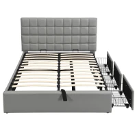 Elegant Upholstered Bed with Hydraulic Lift, Sturdy Storage Bed with 3 Storage Drawers, 202L x 148W x 100H cm, Grey(m-10)