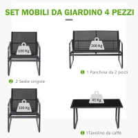 Outsunny Set Salotto da Giardino da 4 Pezzi, con Divanetto da Esterno a 2 Posti, 2 Sedie e Tavolo da Caffè in Vetro Temperato, Set di Mobili da Giardino in Metallo e Texteline, Nero(m-4)