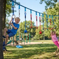 AIYAPLAY Ninja Line Kinder 10m 9-teilig Slackline Set mit 2 Turnringe 3-in-1 Schaukel 2 Kletterstange für 3-8 Jahre Mehrfarbig(m-10)