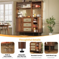 Rattan-Look Front Sideboard with Smooth-Running Glass Sliding Doors, Space-Saving Storage Cabinet with 3 Drawers, 140L x 40.5W x 174.5H cm, Walnut(m-6)
