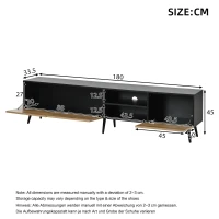 Modern Geometric TV Cabinet with Herringbone Fronts, Industrial-Style TV Stand with Solid Wood Legs, 180L x 33.5W x 45H cm, Black+Oak(m-3)