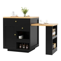 Extendable Kitchen Island with Storage and MDF Top, Space-Saving Dining Bar with Built-In Wine Rack, 195.5L x 70W x 94H cm, Black(m-8)