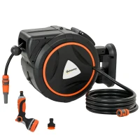 Outsunny Carrete de Manguera Retráctil 28+2 m con 12 Modos de Rociado Bloqueo Automático Retracción Controlada Soporte Naranja(m-11)