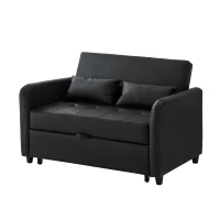 2-Seater Pull-Out Sofa Bed with 3-Level Adjustable Backrest, Space-Saving Convertible Bed with Metal Structure, 121L x 83W x 82H cm, Black(m-12)