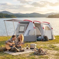 Outsunny Tente de camping familiale 3 personnes, tente tunnel imperméable, portes + fenêtres, 5,1 x 2,4 x 1,8 cm, gris clair(m-9)
