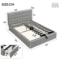 Elegant Upholstered Bed with Hydraulic Lift, Sturdy Storage Bed with 3 Storage Drawers, 202L x 148W x 100H cm, Grey(m-3)