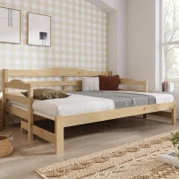 Stylish Cabin Bed with Pull-Out Trundle and Practical Storage, Natural Finish Wooden Bed Frame with MDF Slatted Base, 196L x 187W x 73H cm, Natural(m-6)