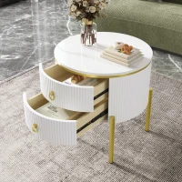 Modern Side Table with Marble-Effect Top and 2 Drawers, Durable Coffee Table with Adjustable Legs, 50L x 50W x 51H cm, White(m-5)