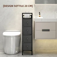 HOMCOM Cassettiera in Tessuto Slim Salvaspazio con 4 Cassetti, Telaio in Acciaio per Camera da Letto, Soggiorno, Nero(m-4)