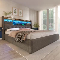 Upholstered Hydraulic Bed with LED Ambient Lighting, Linen Grey Bed Frame with Storage Headboard, 208L x 147W x 116H cm, Grey(m-9)