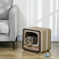 PawHut Kratzbrett für Katzen 2-in-1 in Fernseherform, Haus und Kratzmatte aus Wellpappe, 39x29x37cm, Braun(m-6)